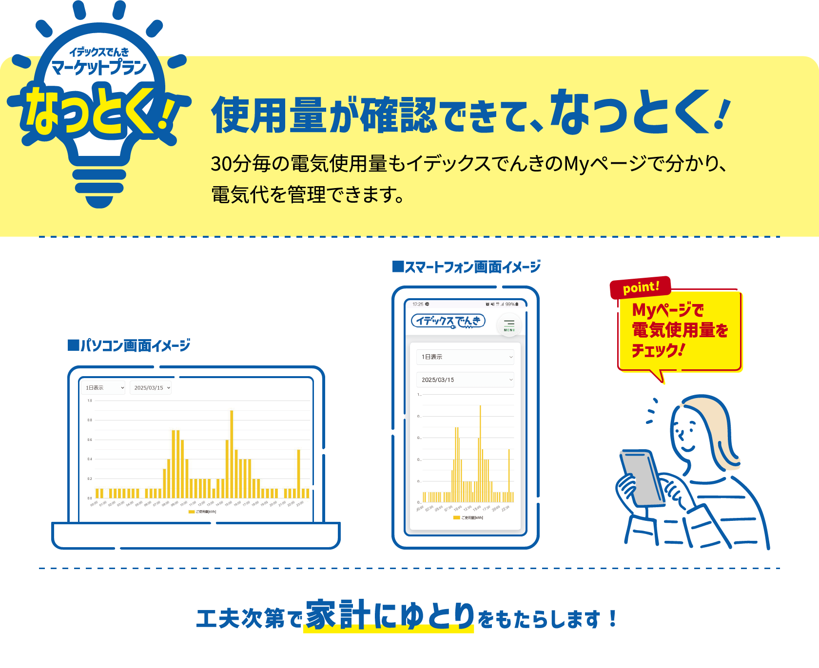 使用量が確認できて、なっとく! 30分毎の電気使用量もイデックスでんきのMyページで分かり、電気代を管理できます。