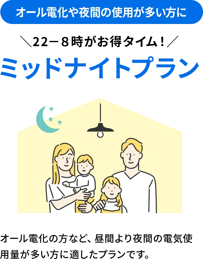 オール電化や夜間の使用が多い方に 22-8時がお得タイム！ミッドナイトプラン