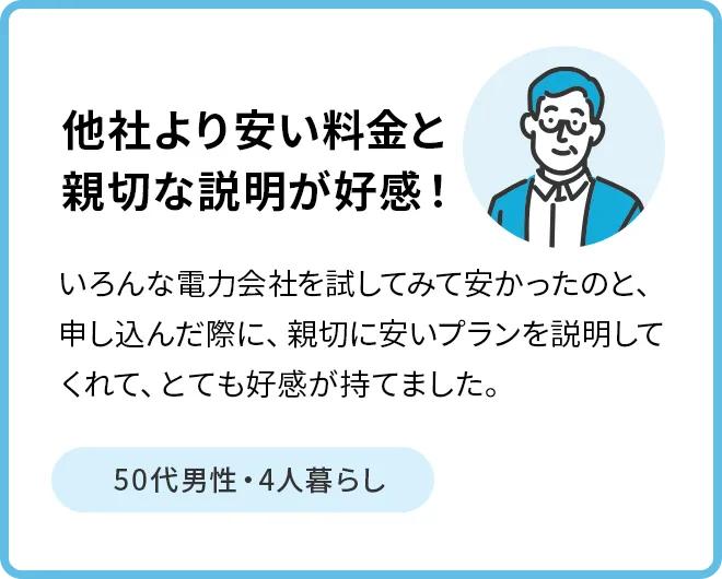 他社より安い料金と親切な説明が好感！ 50代男性・4人暮らし